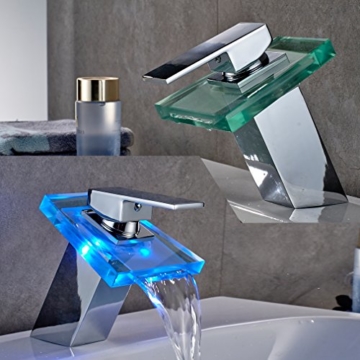 Auralum® Elegant LED RGB Glass Wasserhahn Armatur Chrom Wasserfall Waschtisch Waschtischarmatur für Bad Badezimmer Küchen 3 Farben - 