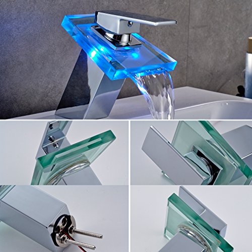 Auralum® Elegant LED RGB Glass Wasserhahn Armatur Chrom Wasserfall Waschtisch Waschtischarmatur für Bad Badezimmer Küchen 3 Farben -