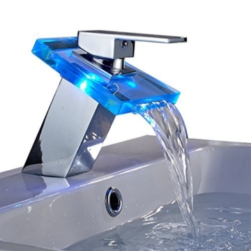 Auralum® Elegant LED RGB Glass Wasserhahn Armatur Chrom Wasserfall Waschtisch Waschtischarmatur für Bad Badezimmer Küchen 3 Farben -
