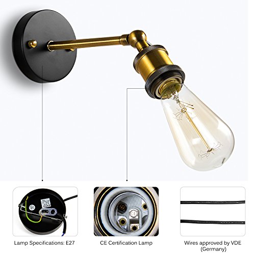 Dexors E27 Retro Wandleuchte Industrielampe (85-265V) Einstellbarer Messing-Kopf Industrie Design für Café Gallerie Schlafzimmer Wohnzimmer usw (Lichtmittel nicht inklusive) -