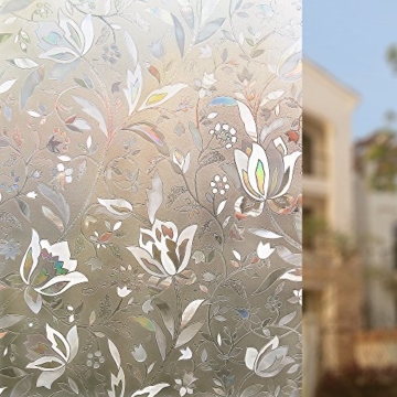 Rabbitgoo 3D hochwertige Premium No-Kleber Wiederverwendbare Statische erhellende Dekorative Privatleben Frost Glas-Fenster-Film-Aufkleber Anti-UV-44.5cm x 200cm Blumen-Entwurf | Upgrade-Version für Heim Kueche Buero -