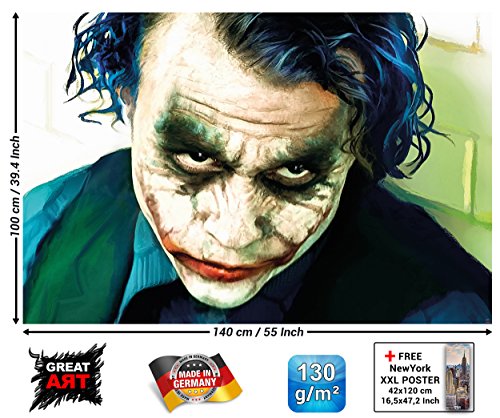 Poster Joker Wandbild Dekoration Heath Ledger Batman The Dark Knight Clowns Film Gotham Bösewicht DC Comic DC Universe | Wandposter Fotoposter Wanddeko Bild Wandgestaltung by GREAT ART (140 x 100 cm) - 2