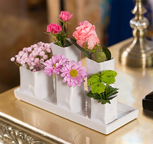 Home&Decorations Keramikvasenset Blumenvase Keramikvasen weiß Vase Blumen Pflanzen Keramik Set Deko Dekoration (1 Set je 5 Vasen, weiß) - 4
