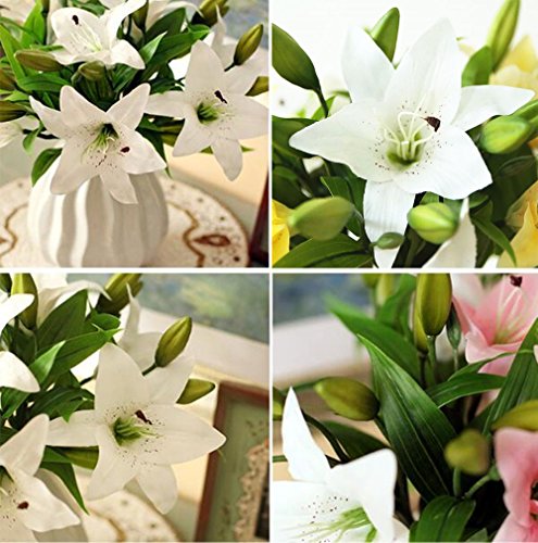 Künstliche Blumen Weiße Lilie,GKONGU 4 Stück Realistisch Blumensträuße Natürliche Lilie mit 3 Blütenknospen Ideal für Hochzeit Sträuße Vase Dekoration -Weiß - 3