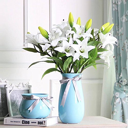 Künstliche Blumen Weiße Lilie,GKONGU 4 Stück Realistisch Blumensträuße Natürliche Lilie mit 3 Blütenknospen Ideal für Hochzeit Sträuße Vase Dekoration -Weiß - 6