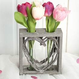 Reagenzglas-Vase im Holzständer 15 cm Herz Shabby Röhrchenduo - 1