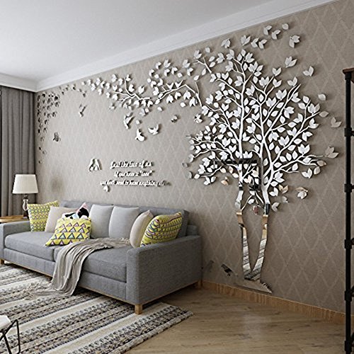 DIY 3D Riesiger Baum Paar Wandtattoos Wandaufkleber Kristall Acryl Malen Wanddeko Wandkunst (XL, Silber, Links) - 1