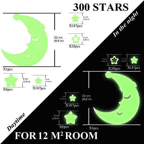 FRETOD Leuchtkraft Mond und Sternenhimmel Aufkleber XL Set - 300 Sticker für Sternenhimmel Leuchtend im Dunkeln - Fluoreszierende Wandsticker Deko fürs Kinderzimmer - 2
