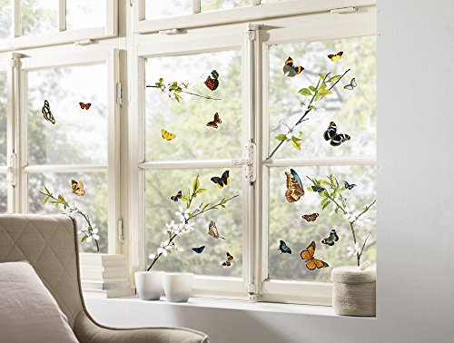 Komar - Window-Sticker CHEERFUL - 31 x 31cm - Fensterdeko, Fenstersticker, Fensterfolie, Schmetterlinge, Butterfly, Blume, Zweige - 16006 - 1