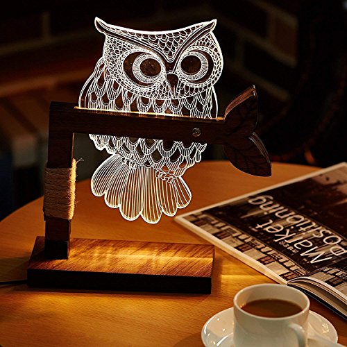 LED Dimmbar CITTATREND Tischleuchte - 3D Visual Acryl Eule Deco Holz Nachttischlampe - Warmweiß Nachtlicht - Geschenk für Kinderzimmer Schlarfzimmer - 5