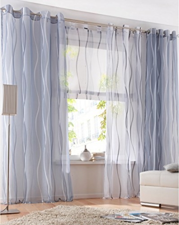 LiYa 1 Stück Gardinen mit Wellen Muster Design Schals Voile Transparent Fenster Vorhang (BxH 140x145cm, Grau mit Ösen) - 3