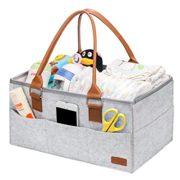 Ropch Baby Windel Caddy Organizer, Multifunktionale Filz Windeltasche Aufbewahrungskorb Windel-Aufbewahrungsbox mit Veränderbar Fächern - Grau und Braun - 1