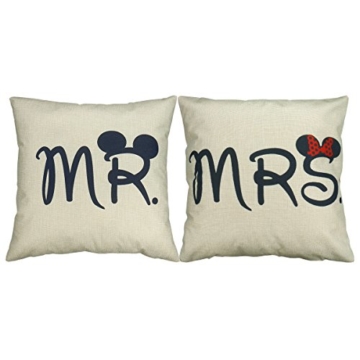 Luxbon 2er Set Mr Mrs Kissenbezug dauerhaft Leinen Dekokissen Hochzeit Valentinstag Geschenk 45x45 cm 18x18 '' - 1
