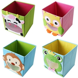 TE-Trend 4 Stück Textil Faltbox Spielbox Tiermotive Frosch AFFE Eule Kuh Aufbewahrung Truhe für Spielzeug faltbar 28 x 28 x 28 cm - 1