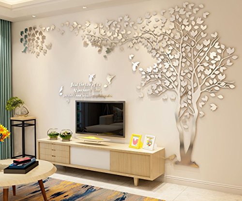 DIY 3D Riesiger Baum Paar Wandtattoos Wandaufkleber Kristall Acryl Malen Wanddeko Wandkunst (L, Silber, Links) - 3