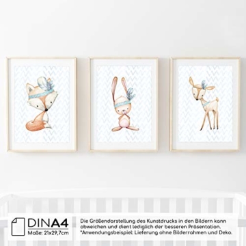 Frechdax® 3er Set Poster für Kinderzimmer und Babyzimmer Dekoration DIN A4 | Mädchen Junge Deko | Dekoration Kinderzimmer | Waldtiere REH Fuchs Hase (3er Set Jungen, Hase, Fuchs, REH) - 2
