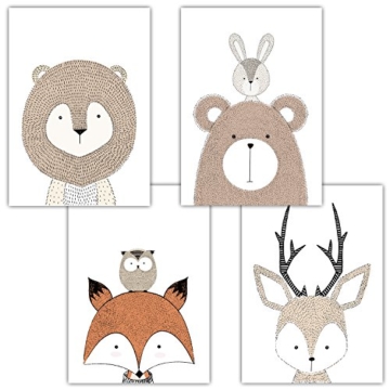 Frechdax® 4er Set Kinderzimmer Babyzimmer Poster Bilder DIN A4 | Mädchen Junge Deko | Dekoration Kinderzimmer | Waldtiere Safari Skandinavisch (4er Set Schlicht, Tiermotive, Eule, Fuchs) - 1