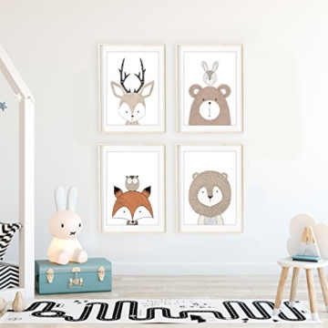 Frechdax® 4er Set Kinderzimmer Babyzimmer Poster Bilder DIN A4 | Mädchen Junge Deko | Dekoration Kinderzimmer | Waldtiere Safari Skandinavisch (4er Set Schlicht, Tiermotive, Eule, Fuchs) - 2