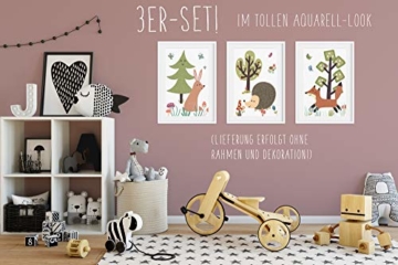 HappyWords® 3er Bilder Set - DIN A4 ohne Bilderrahmen | Bilder für Kinderzimmer & Bilder Babyzimmer | Junge Mädchen Baby | Kinder-Poster | Tiere Kinderbilder Kinderzimmer | 3er Set Waldtiere Retro 2 - 3