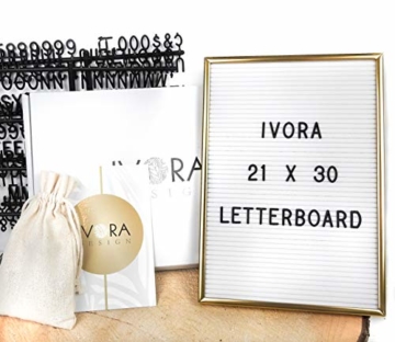 IVORA Design Letterboard - Buchstabentafel mit hochwertigem Aluminiumrahmen in Gold/Weiß (21x30cm) - inklusive Ständer und Buchstaben - 2
