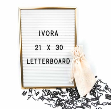 IVORA Design Letterboard - Buchstabentafel mit hochwertigem Aluminiumrahmen in Gold/Weiß (21x30cm) - inklusive Ständer und Buchstaben - 1