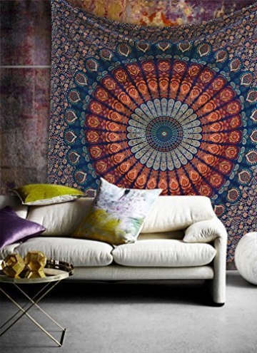 Craftozone Multicolored Mandala Tapestry Indian Wall Hanging, Bed Sheet, Comforter Picnic Beach Sheet, Quality Hippie (Dark Blue, Double) - 2