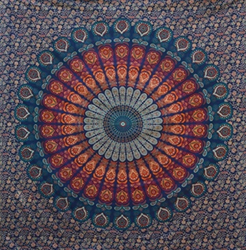 Craftozone Multicolored Mandala Tapestry Indian Wall Hanging, Bed Sheet, Comforter Picnic Beach Sheet, Quality Hippie (Dark Blue, Double) - 3