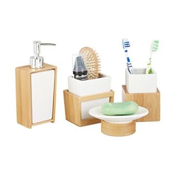 Relaxdays Badezimmer Set, 4-teiliges Badzubehör aus Keramik und Bambus, Seifenspender und Zahnputzbecher, natur-weiß - 1