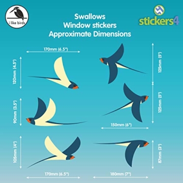 Stickers4 Vogel Fensteraufkleber zum Schutz vor Vogelschlag - 6 schöne Schwalbe Glassticker, doppelseitig und selbstklebend zum Schutz vor Vogelkollisionen - 4