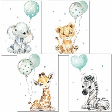 artpin® Poster Kinderzimmer Deko - Bilder Babyzimmer Mint Grau für Junge Mädchen - Safari Dschungel Tierposter Luftballon P63 - 1