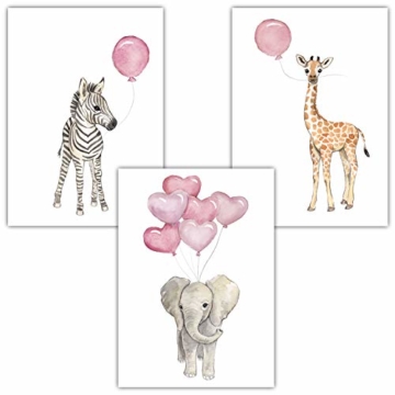 Frechdax® Wandbilder 3er Set für Babyzimmer Deko Poster (3er Set Rosa, Elefant, Giraffe, Zebra) - 1