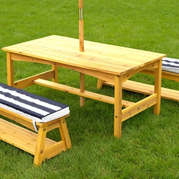 KidKraft 106 Gartentischset mit Bank, Kissen und Sonnenschirm Gartenmöbel für Kinder-Streifenmuster, Naturfarben - 2