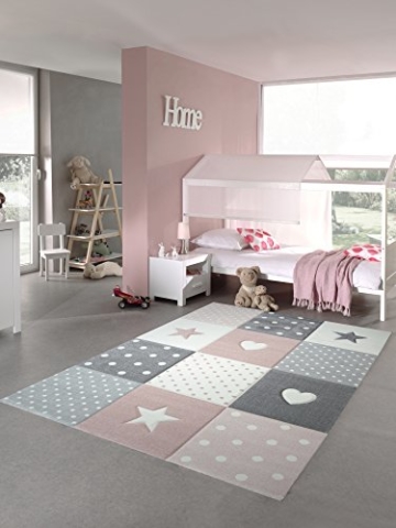 Kinderteppich Spielteppich Teppich Kinderzimmer Babyteppich mit Herz Stern in Rosa Weiss Grau Größe 80x150 cm - 1