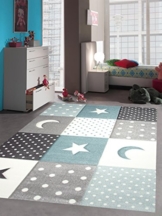 Kinderteppich Teppich Kinderzimmer Babyteppich Stern Mond in Blau Türkis Grau Creme Größe 120x170 cm - 1