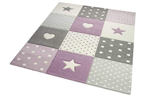 Kinderteppich Teppich Kinderzimmer mit Stern Herz in Lila Grau Creme Größe 140x200 cm - 3