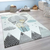 Kinderzimmer Teppich Blau Grau Heißluftballon Wolken Tiere 3-D Design Pastell, Grösse:140x200 cm - 1