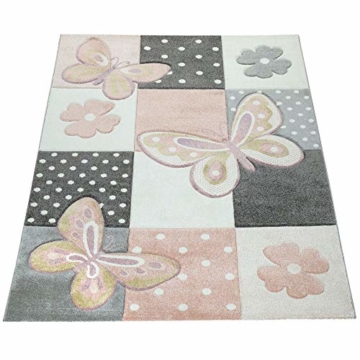 Paco Home Kinder Teppich Kinderzimmer Bunt Rosa Schmetterlinge Karo Muster Punkte Blumen, Grösse:120x170 cm - 2