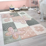 Paco Home Kinder Teppich Kinderzimmer Bunt Rosa Schmetterlinge Karo Muster Punkte Blumen, Grösse:120x170 cm - 1