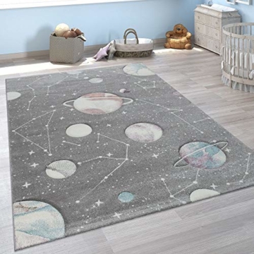 Paco Home Kinder-Teppich, Spiel-Teppich Mit Planeten Und Sternen, Für Kinderzimmer In Grau, Grösse:140x200 cm - 1