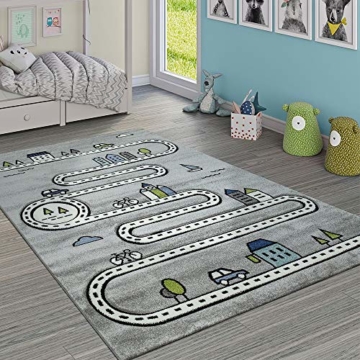 Paco Home Kinderteppich Kinderzimmer Modern Lernteppich Straße Auto Haus Design In Grau, Grösse:120x170 cm - 1
