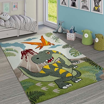 Paco Home Kinderzimmer Teppich Grün Dinosaurier Dschungel Vulkan 3-D Effekt Kurzflor, Grösse:140x200 cm - 1