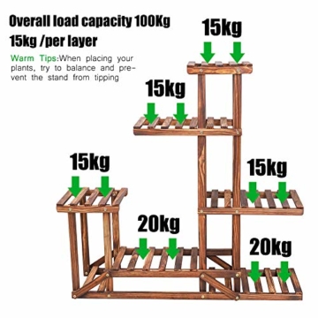 WISFORBEST Blumenregal Holz, 5 Ebenen Blumenständer, mehrstöckig Pflanzentreppe für Innen-Balkon Wohzimmer Outdoor Garten Deko, 96x95x25cm, Braun Holzregal - 6