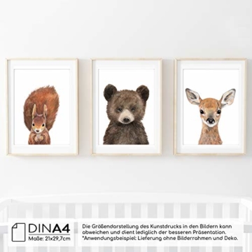 Frechdax® 3er-Set Bilder Kinderzimmer Deko Junge Mädchen - DIN A4 Poster Tiere - Wandbilder - Porträt | Waldtiere Safari Afrika Tiere Porträt (3er Set Bär, REH, Eichhörnchen) - 3