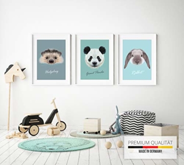 MiaLu® Poster Kinderzimmer Tiere - 3er Set Bilder Babyzimmer Deko für Junge Mädchen (Panda-Bär, Igel, Hase) DIN A4 - 4