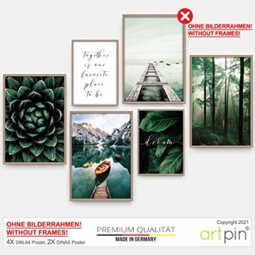 artpin® Moderne Poster Set Natur- Bilder Wohnzimmer Deko Schlafzimmer - Wanddeko Ohne Bilderrahmen Collagen - Wald Holz Grün 4x A4 | 2x A5 W8 - 4